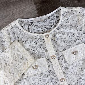 Loft Long Sleeve Ivory Laced Top Pearl Button Accent Vintage-Inspired Size M